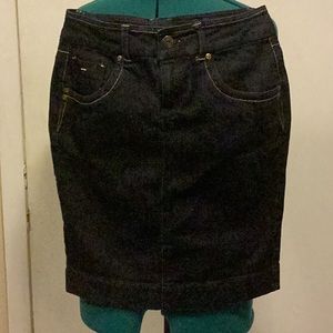 Jean Skirt Jr’s “Pink” brand dark denim w/gold thread accents 5 pocket design